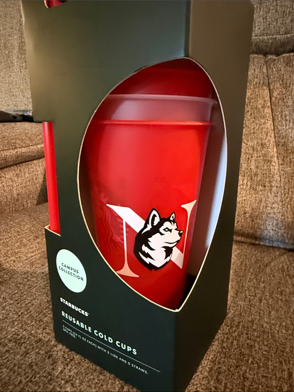 Starbucks Reusable Cold Cups with Northeastern Huskies Logo Set of 5